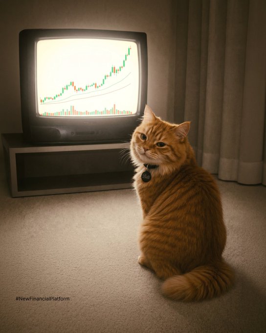 An orange tabby cat sits on the floor watching a vintage TV displaying an upward-trending green stock chart, with the hashtag '#NewFinancialPlatform' in the corner.
