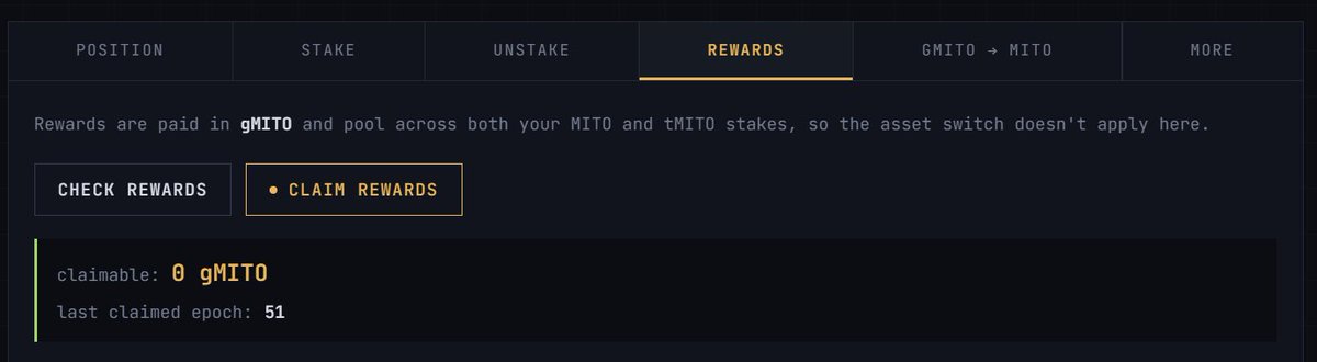 A Mitosis staking rewards interface showing 0 gMITO claimable with the last claimed epoch at 51, alongside a sarcastic caption about needing a community-built tool to claim staking rewards while early PS investors and team unlocks approach.