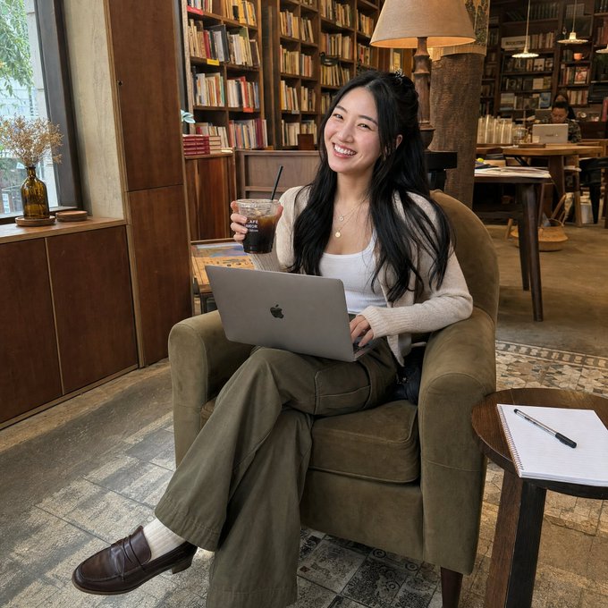 A woman smiles while sitting in an armchair at a bookstore café, holding an iced coffee and a MacBook, perfectly capturing the relaxed "ordering another coffee" vibe amid the post's discussion of crypto market dips and investor panic.