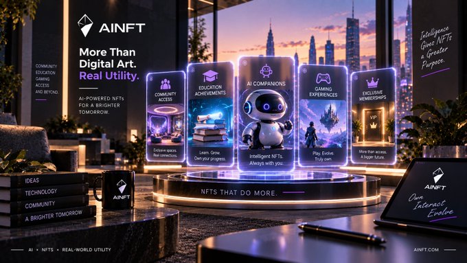 An advertisement for AINFT displays 'More Than Digital Art. Real Utility.' alongside categories like Education, Community Access, AI Companions, Gaming, and Exclusive Memberships.