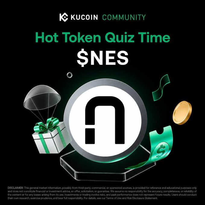 A KuCoin Community promotional graphic for a 'Hot Token Quiz Time' featuring the '$NES' ticker with a logo and gift imagery on a black background.