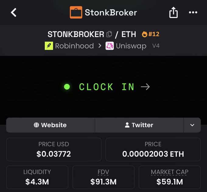 A screenshot of a cryptocurrency tracking app showing a token called 'STONKBROKER / ETH' listed at #12, with a price of $0.03772 USD and a 'CLOCK IN' button.