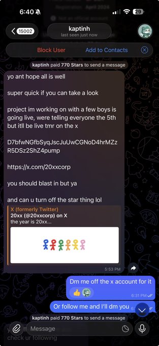 A Telegram screenshot shows a user "kaptinh" sending a paid message (770 Stars) containing a Solana wallet address (D7bfvNGfbSyaJscJUvCGNoD4hrMZR5DSz2ShZ4pump), a suspicious X/Twitter link ("https://x.com/20xxcorp"), and a 20XX token logo, asking the recipient to help promote a project. The reply "Dm me off the x account for it" suggests account access was shared, which aligns with the post's claim that the user had access to the @solana-related account to facilitate a potential rug pull.