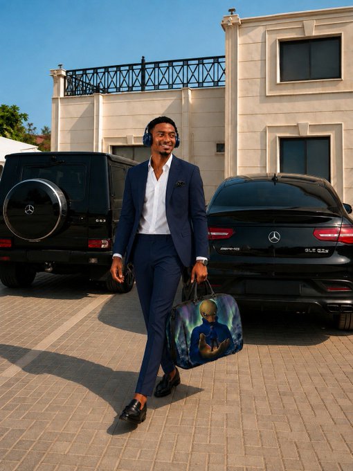 A man in a navy blue suit and white shirt, wearing headphones, walks across a driveway carrying a duffel bag, passing two parked black Mercedes-Benz vehicles in front of a large beige mansion.
