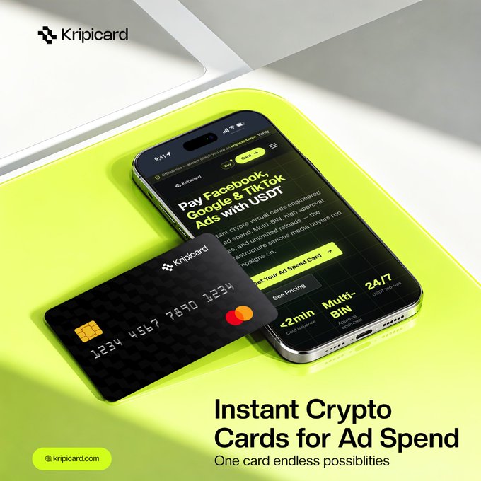 A promotional image for Kripicard showing a smartphone displaying an ad and a black crypto card, with text reading 'Instant Crypto Cards for Ad Spend' and 'One card endless possibilities'.