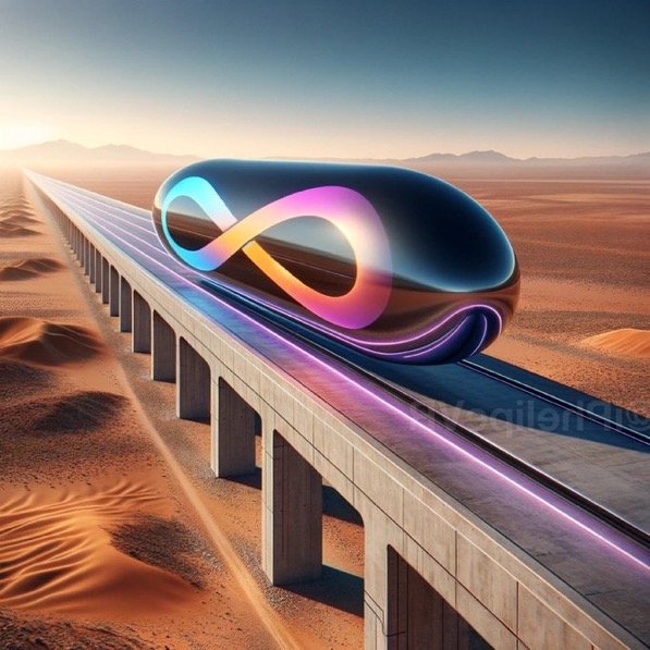 AI-generated image of a futuristic infinity-symbol-shaped hyperloop train traveling on an elevated track through a desert landscape.