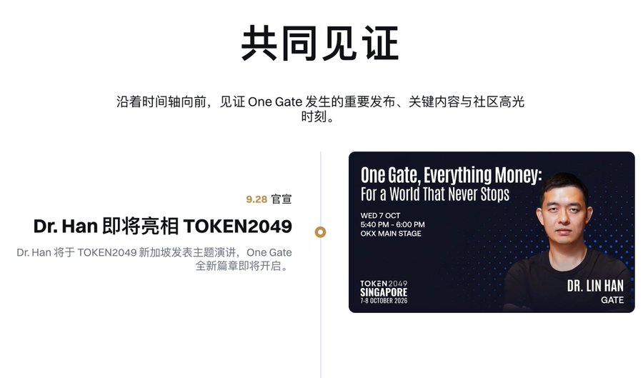 A Chinese-language promotional graphic titled '共同见证' announces 'Dr. Han 即将亮相 TOKEN2049' for a keynote at TOKEN2049 Singapore on October 7, 2026, featuring a photo of Dr. Lin Han with the tagline 'One Gate, Everything Money: For a World That Never Stops'.