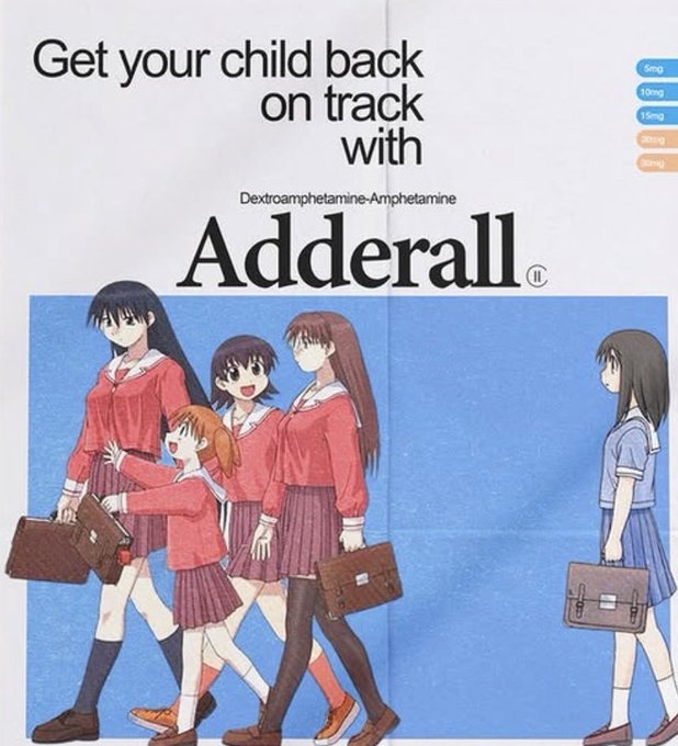 An anime-style parody advertisement reading "Get your child back on track with Dextroamphetamine-Amphetamine Adderall" shows a group of smiling schoolgirls walking together while one girl walks alone, with dosage markers (5mg-30mg) listed on the right side.

The image is unrelated to the post about perpetual futures vs. options trading protocols, but metaphorically could represent the post's argument—that perps are the "normie-friendly, group-approved" instrument (the sociable, conforming students) while options are the isolated outsider, suggesting the poster views perps as the obvious, socialized choice for most traders.