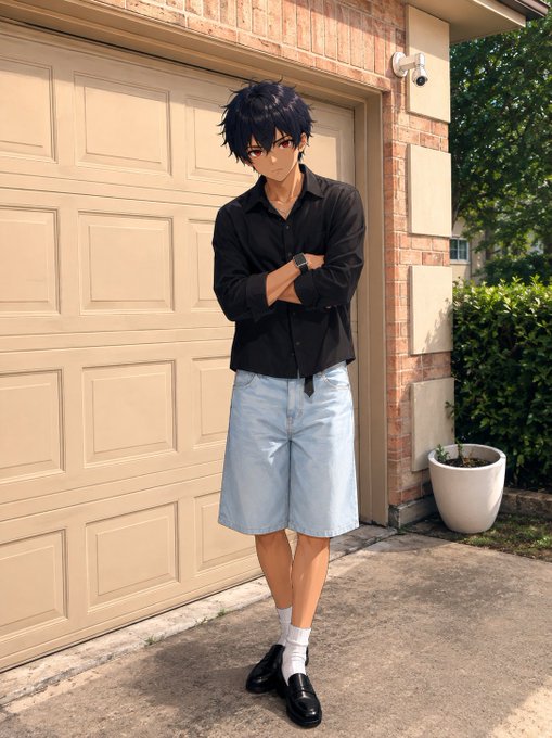 An anime-style illustration of a young man with dark hair wearing a black button-up shirt and light blue shorts, standing with arms crossed in front of a garage door.