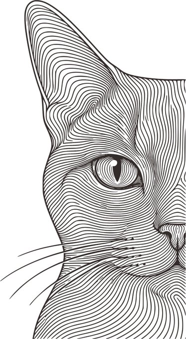 A black and white line art illustration of a cat's face in profile, composed entirely of continuous, wavy, concentric lines.