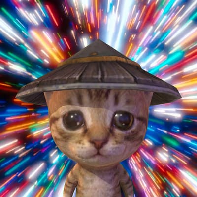 A digitally edited image of a wide-eyed tabby kitten wearing a conical straw hat, set against a psychedelic background of radiating colorful light streaks.