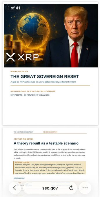 A screenshot of an article titled 'THE GREAT SOVEREIGN RESET' featuring an image of Donald Trump alongside a globe and XRP coins, with the URL sec.gov visible.
