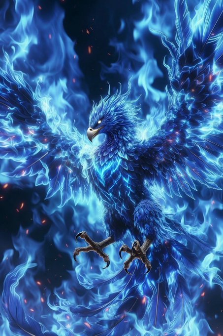 A majestic blue phoenix composed of swirling flames stands with wings spread wide, while orange embers drift through the dark background. The image embodies the $DGB (DigiByte) cryptocurrency, using the mythical phoenix—symbolizing rebirth and resilience—as a visual metaphor for the coin's enduring and transformative presence in the digital asset space.