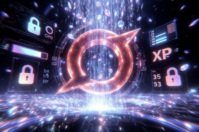 Futuristic digital interface displaying a glowing red circular logo surrounded by holographic UI elements, lock icons, and the letters 'XP' and 'OMI'.