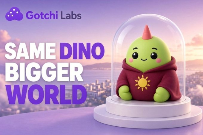 A promotional graphic for 'Gotchi Labs' featuring a cute green dinosaur mascot in a red hoodie under a glass dome, with the text 'SAME DINO BIGGER WORLD' against a sunset cityscape.