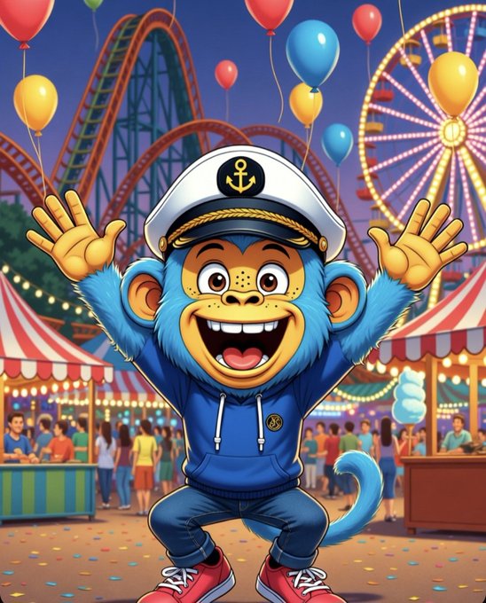 A colorful cartoon illustration of a happy blue monkey wearing a sailor hat and hoodie, standing in front of a carnival with a Ferris wheel and roller coaster.