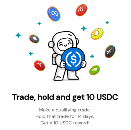 A promotional graphic featuring an astronaut holding a USDC coin, surrounded by various crypto token logos, with text: 'Trade, hold and get 10 USDC' and instructions to hold a qualifying trade for 14 days.