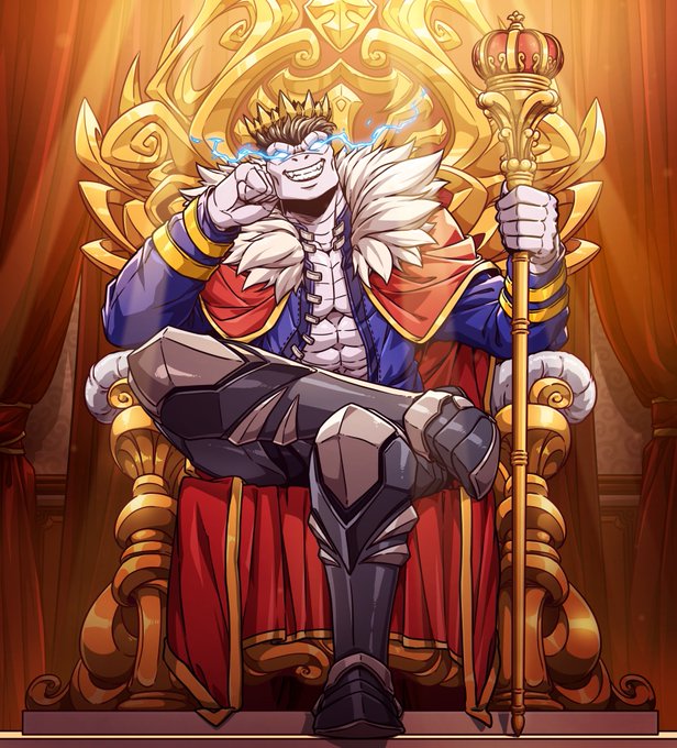 An anime-style illustration of a muscular character with a crown, wearing a blue and red royal outfit, sitting on an ornate golden throne while holding a scepter.