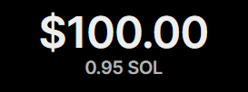 A digital graphic displays "$100.00" in large white text, with "0.95 SOL" shown beneath it in a smaller blue font, visually representing the giveaway prize amount in both U.S. dollars and Solana cryptocurrency.
