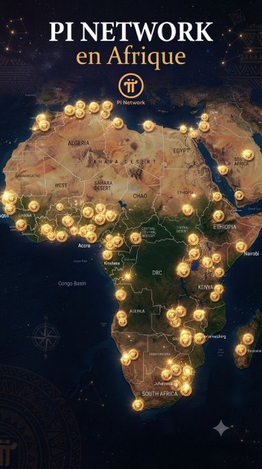 A promotional graphic titled "PI NETWORK en Afrique" showing a map of Africa dotted with numerous Pi Network cryptocurrency logos across various countries including Egypt, Algeria, DRC, Kenya, and South Africa.