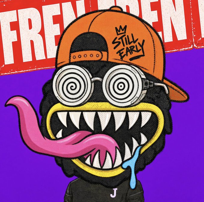 A cartoon black furry monster wearing a backwards orange "Still Early" cap and spiral glasses sticks out a long pink tongue with drool, set against a purple background with a bold "FREQUENCY" banner at the top—fitting the post's casual "Gm friends" greeting with its playful, irreverent crypto vibe.