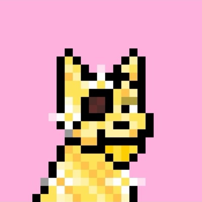 A pixel art illustration of a yellow and white dog character with black outlines, set against a pink background.