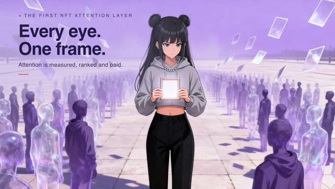 An anime-style illustration of a girl with twin buns holding a tablet, with text reading 'THE FIRST NFT ATTENTION LAYER', 'Every eye. One frame.', and 'Attention is measured, ranked and paid.' surrounded by glassy figures.