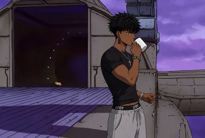 An anime-style illustration shows a young man with dark spiky hair drinking from a white cup, wearing a black shirt and grey sweatpants with 'LFDY' waistband, standing against a purple twilight sky.