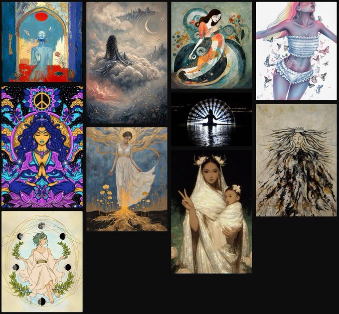 A collage of diverse artworks features ethereal female figures, mystical landscapes, and symbolic imagery including lotus flowers, crowns, and crescent moons.