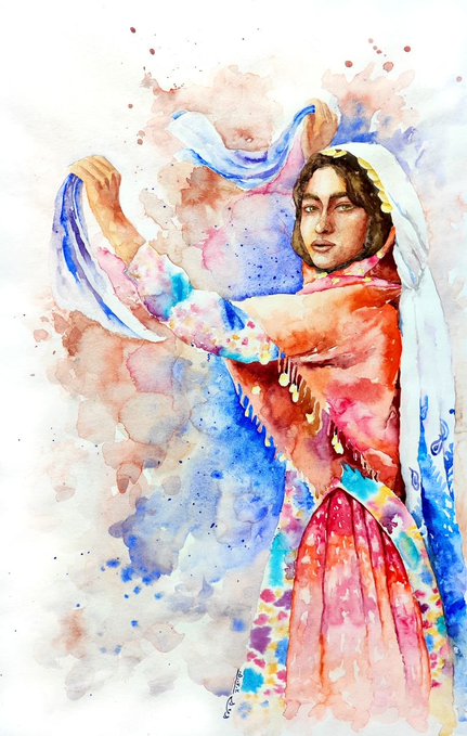 Vibrant watercolor painting of a woman in traditional Middle Eastern attire, dancing with a flowing blue scarf against a splattered background.