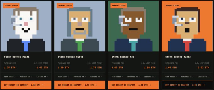 Four pixel-art NFT avatars listed as 'Seaport' listings titled 'Stonk Broker,' with IDs #3181, #1641, #35, and #2363, showing purchased prices and 1.24x list prices ranging from 1.35 ETH to 1.69 ETH.
