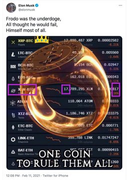 The image shows a gold Bitcoin ring displayed over a cryptocurrency ranking list, with tweets from Elon Musk referencing Bitcoin and "One Coin to Rule Them All." It contrasts with the post's theme by highlighting Bitcoin's market dominance while the post emphasizes XRP's role in connecting assets via Stellar's Q drop, suggesting an alternative vision beyond Bitcoin-centric crypto hierarchy.