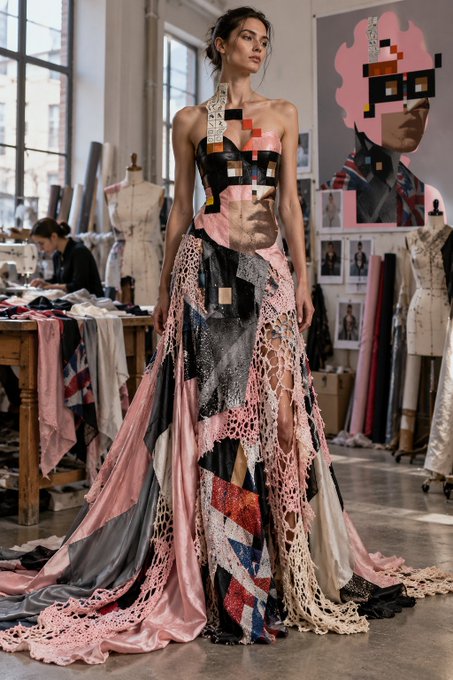A model poses in an avant-garde patchwork couture gown made of pink, black, and multicolored geometric fabric panels with crocheted netting, photographed in a designer's atelier with mannequins and a pixel-art portrait in the background.