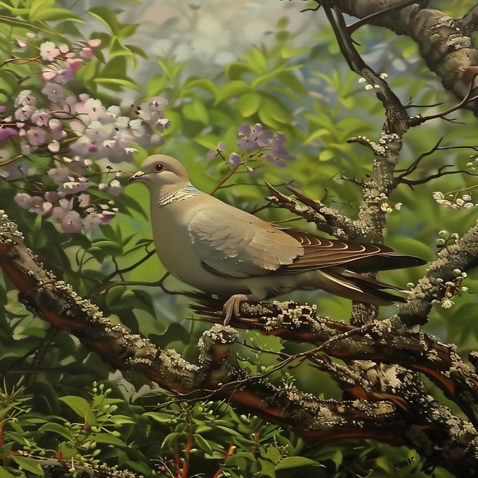 A digital illustration of a turtle dove with a distinctive black and white neck patch perched on a lichen-covered branch, surrounded by blooming pink and white flowers and green foliage.