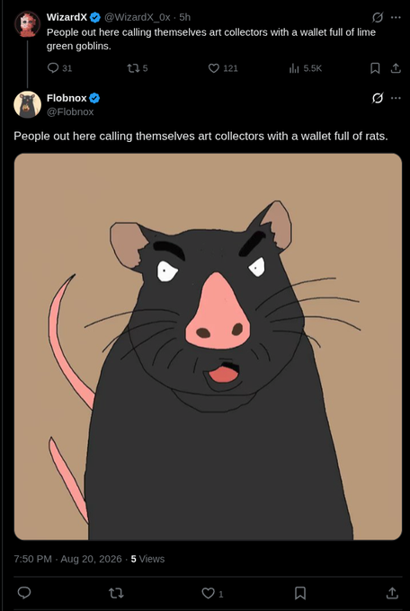 A screenshot of a tweet thread showing @WizardX_0x's post criticizing "art collectors with a wallet full of lime green goblins," followed by @Flobnox's reply mocking collectors with "a wallet full of rats," accompanied by a cartoon illustration of an angry black rat with pink nose and tail on a tan background.
