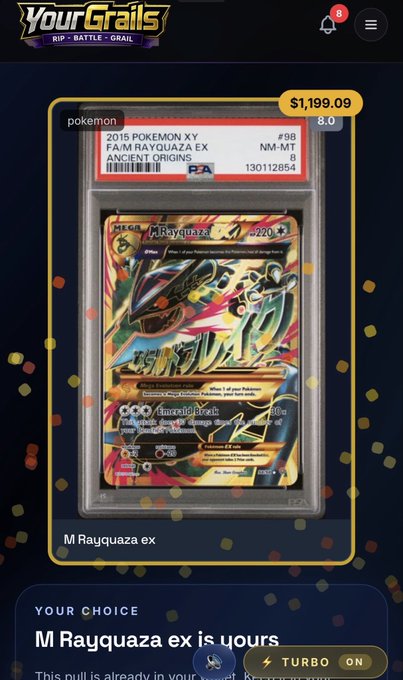 A 'YourGrails' app screen displaying a PSA-graded M Rayquaza EX Pokemon card valued at $1,199.09 with a rating of 8.0.