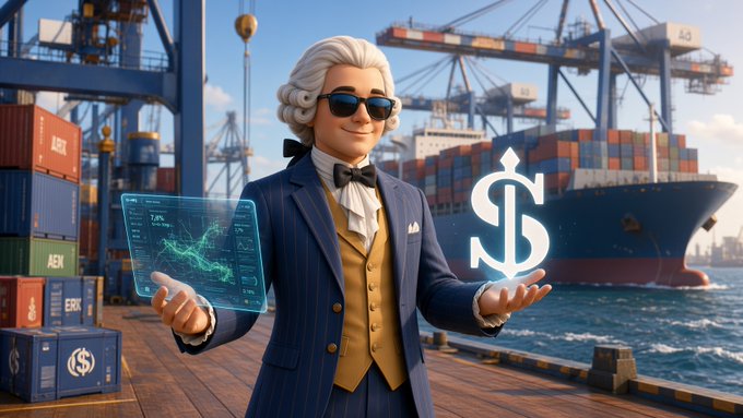 A 3D-rendered illustration of a man in colonial-era aristocratic attire with sunglasses holding a glowing dollar sign in one hand and a holographic financial chart in the other, set against a shipping port backdrop with containers and a cargo ship.