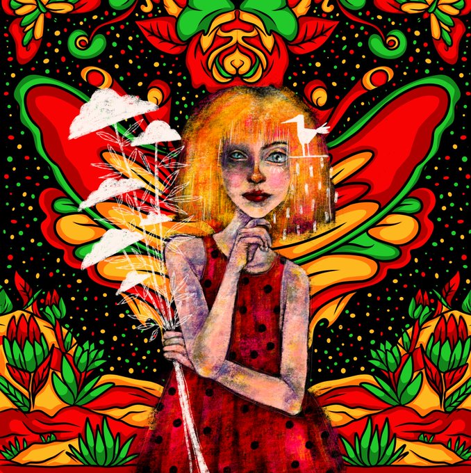 A vibrant, colorful illustration of a young girl with blonde hair in a red polka-dot dress holding a plant, surrounded by decorative floral patterns, clouds, and a small white bird.