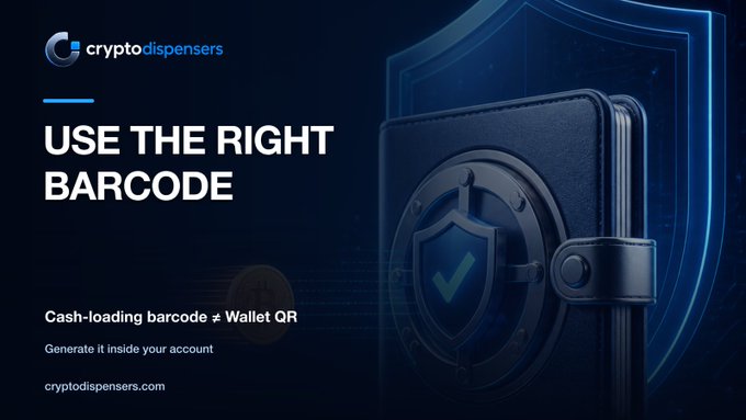 A promotional graphic for 'cryptodispensers' with a blue background, featuring a 3D wallet with a shield and checkmark, and text reading 'USE THE RIGHT BARCODE' and 'Cash-loading barcode ≠ Wallet QR'.