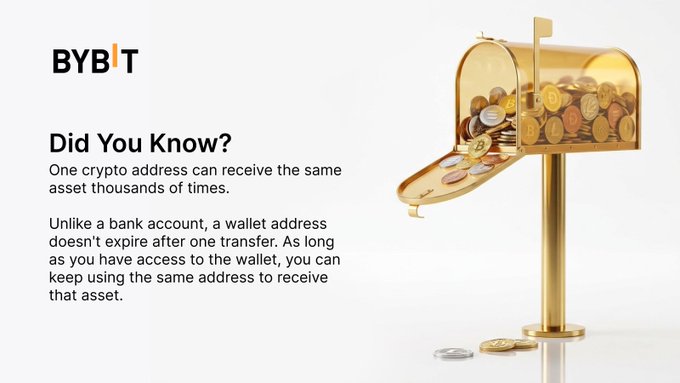 A "Did You Know?" graphic from Bybit explains that crypto wallet addresses can be reused multiple times to receive the same asset, unlike bank accounts that expire—a fact relevant to the question about whether to generate a new address or reuse the same one when receiving crypto.