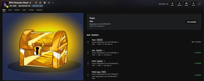 The image shows a "RPG Genesis Chest" NFT minting platform interface with a gold treasure chest illustration, displaying a team schedule including dTp, RARA, and Pablo mago, with mint dates around September 8-9. The post references preparing for an @RpgOnchain mint, with the screen showing the minting details and team lineup relevant to the 355-supply free mint mentioned.