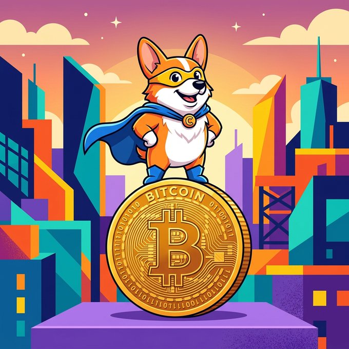 A colorful cartoon illustration features a corgi dressed as a superhero with a blue cape and mask, standing triumphantly on top of a large gold Bitcoin coin in a vibrant cityscape at sunset.