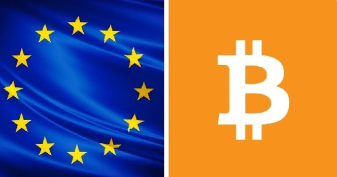 The image shows the EU flag alongside the Bitcoin (₿) logo, representing the European Union's new regulatory measures targeting both large cash transactions (with a €10,000 cap) and cryptocurrency services under stricter anti-money laundering rules.