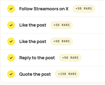 A checklist of social media tasks offering rewards, including 'Follow Streamoors on X +50 RARS', 'Like the post +50 RARS', 'Like the post +50 RARS', 'Reply to the post +50 RARS', and 'Quote the post +150 RARS'.