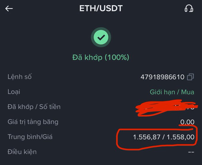 A Vietnamese cryptocurrency exchange app screenshot showing a completed (Đã khố 100%) ETH/USDT limit buy order with order number 47918986610, average/execution price circled in red at 1,556.87/1,558.00, with the amount field redacted.