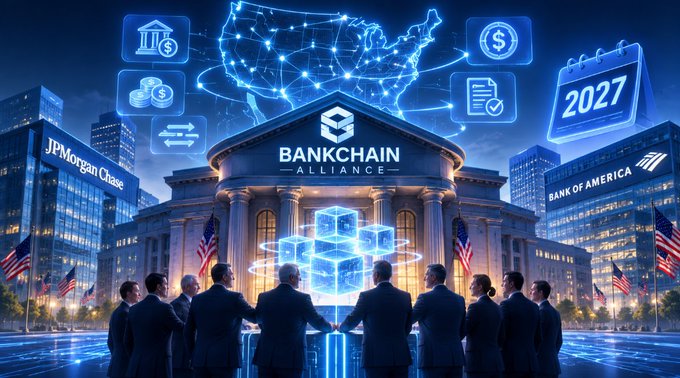 A futuristic digital illustration titled 'BANKCHAIN ALLIANCE' shows business figures gathered before a glowing blockchain structure, with JPMorgan Chase and Bank of America buildings flanking the scene under a 2027 calendar icon.
