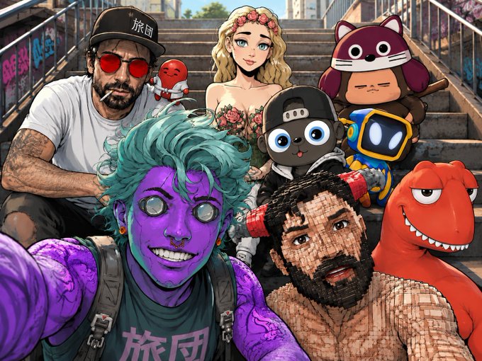 A collage-style illustration featuring a diverse group of characters including a man in red sunglasses, a blonde woman with roses, a purple-skinned character, and various mascots and creatures on steps.