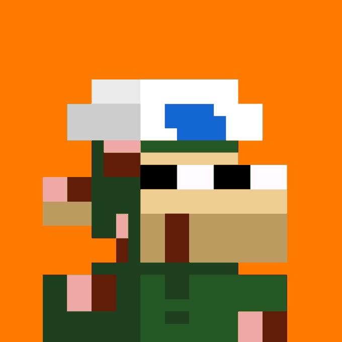 A pixel art character resembling Luigi rendered in low-resolution blocky style, wearing his signature green outfit and white cap with a blue emblem, set against an orange background.