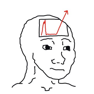 In this black and white line drawing, there's a human head with a brain, giving off an impression of the person's thoughts or emotions being projected onto the image. The background of the picture features a red arrow pointing upwards. This illustration is referred to as "a recent study found that 63% of crypto companies have shared a Wojak meme from their corporate X account in the last 24 months." It appears to be promoting Bitcoin, with the person's face appearing in various contexts throughout the post. The image could also be interpreted as an advertisement for Bitcoins or a visual representation of financial concepts related to cryptocurrencies.