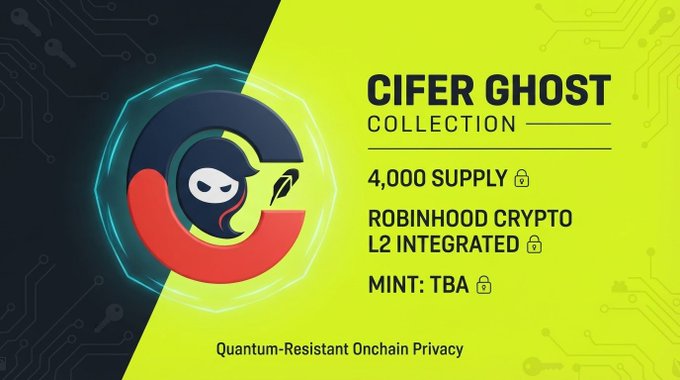 A promotional graphic for a "CIFER GHOST COLLECTION" NFT featuring a hooded ghost logo, with details: "4,000 SUPPLY", "ROBINHOOD CRYPTO L2 INTEGRATED", "MINT: TBA", and "Quantum-Resistant Onchain Privacy" at the bottom.
